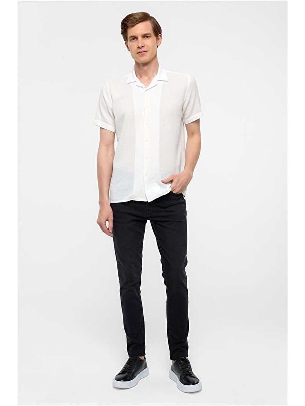 Ekru Slim Düz Apaş Yaka Gömlek-6