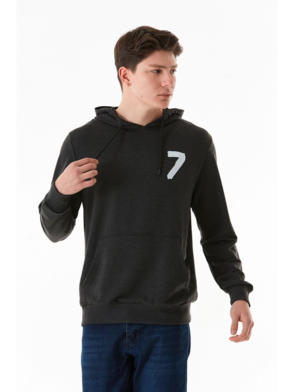 Fullamoda Antrasit 7 Baskılı Kanguru Cepli Kapüşonlu Sweatshirt