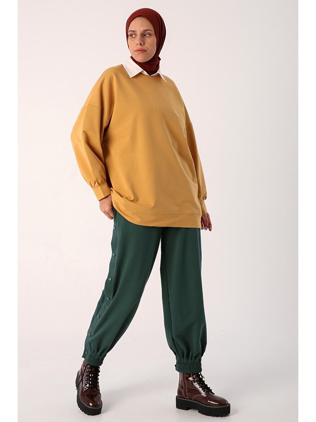 Asit Sarı Oversize İki İplik Bisiklet Yaka Basic Sweatshirt-2