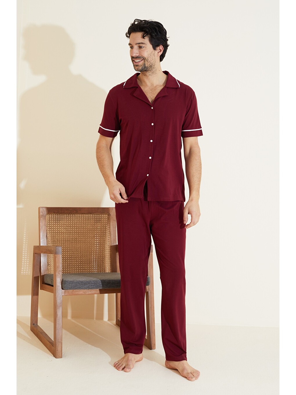 Bordo Erkek Kısa Kollu Pamuklu Gömlek Yaka Düğmeli Biyeli Pijama Takım 7822-1
