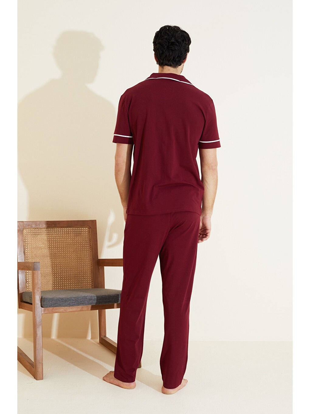 Bordo Erkek Kısa Kollu Pamuklu Gömlek Yaka Düğmeli Biyeli Pijama Takım 7822-2
