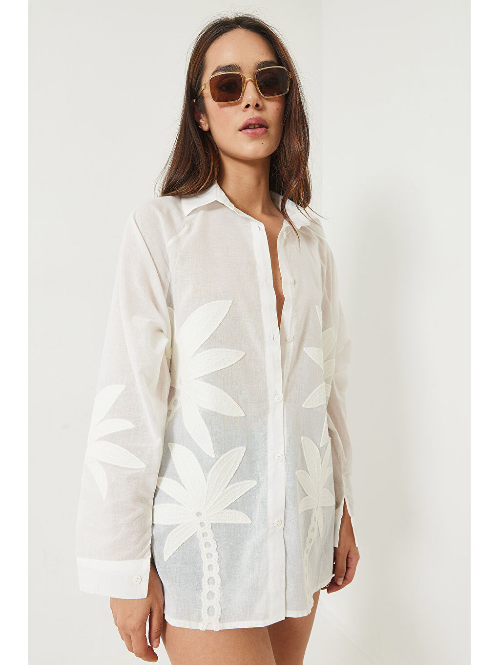 Ekru Kadın Palmiye İşlemeli Uzun Kollu Keten Gömlek-2