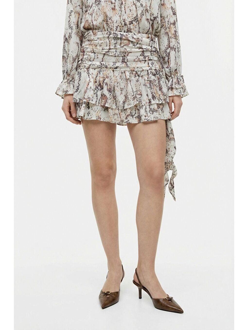 Desenli Fırfırlı Mini Etek Bej-1