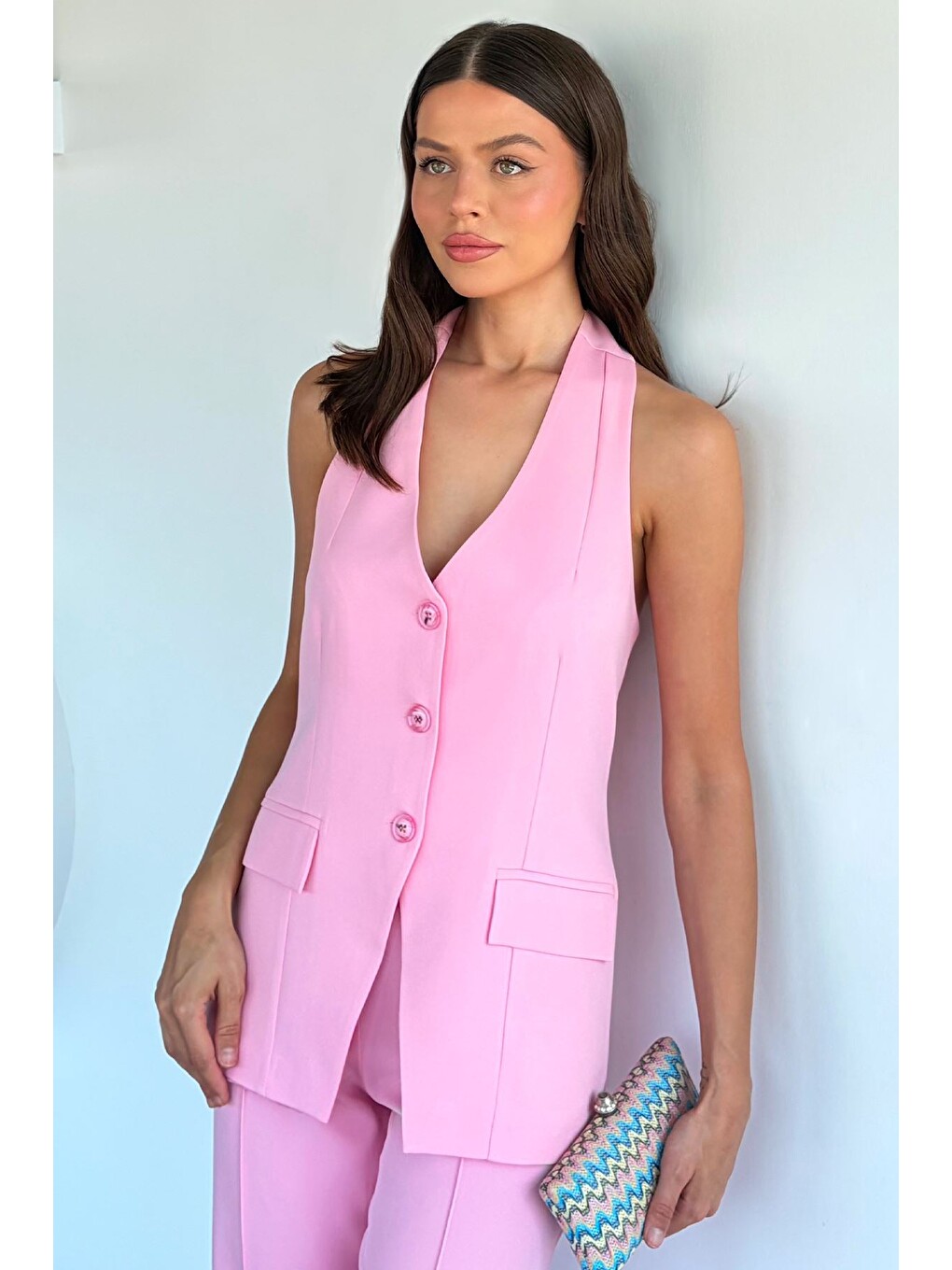 Pembe Çimalı Pantolon Yelek İkili Takım-1