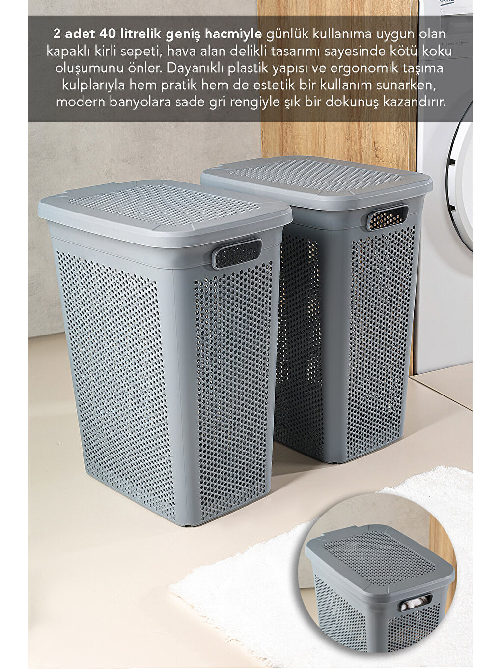 Gri 2'li Kirli Çamaşır Sepeti Seti 40 l-1