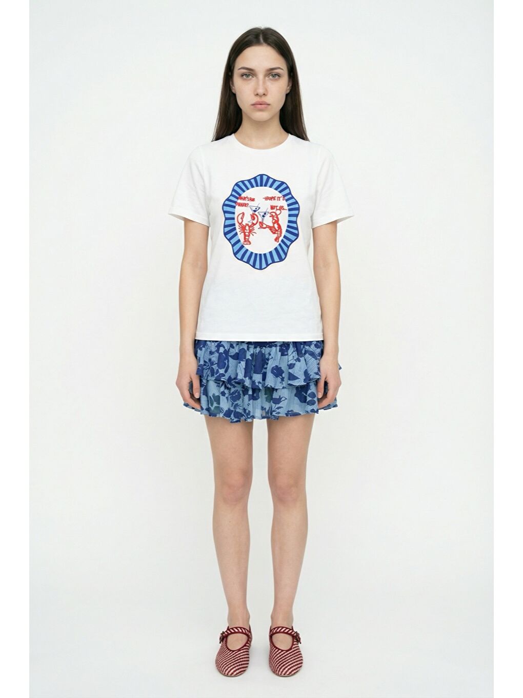 Istakoz Nakışlı Oversize Tişört Ekru