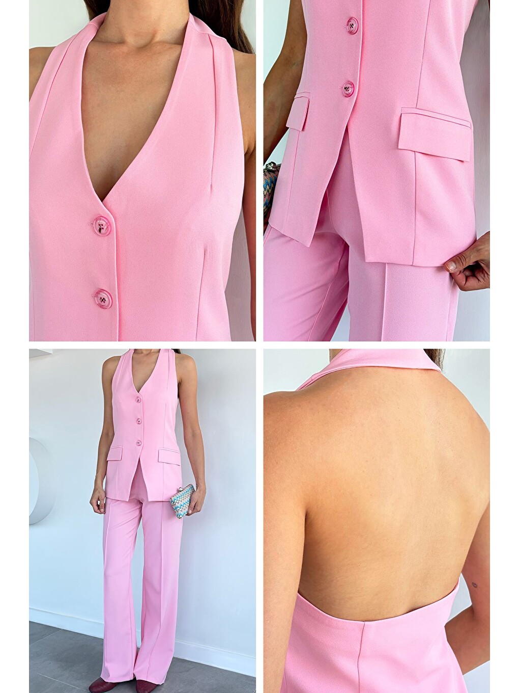 Pembe Çimalı Pantolon Yelek İkili Takım-2