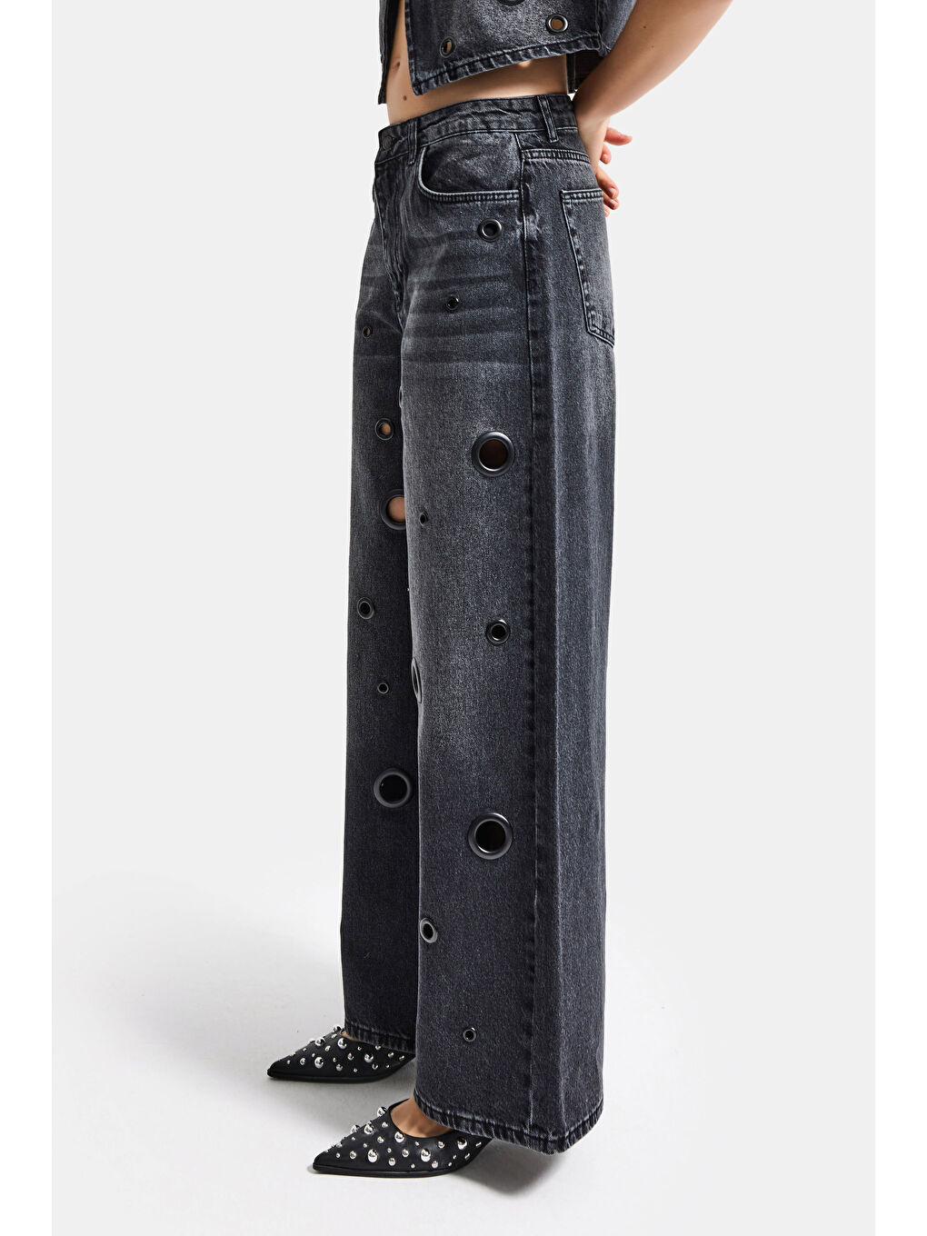 Gri Kadın Koyu Füme 2s6-1 Baggy Fit Kuş Gözü Tasarım Denim Jean-2