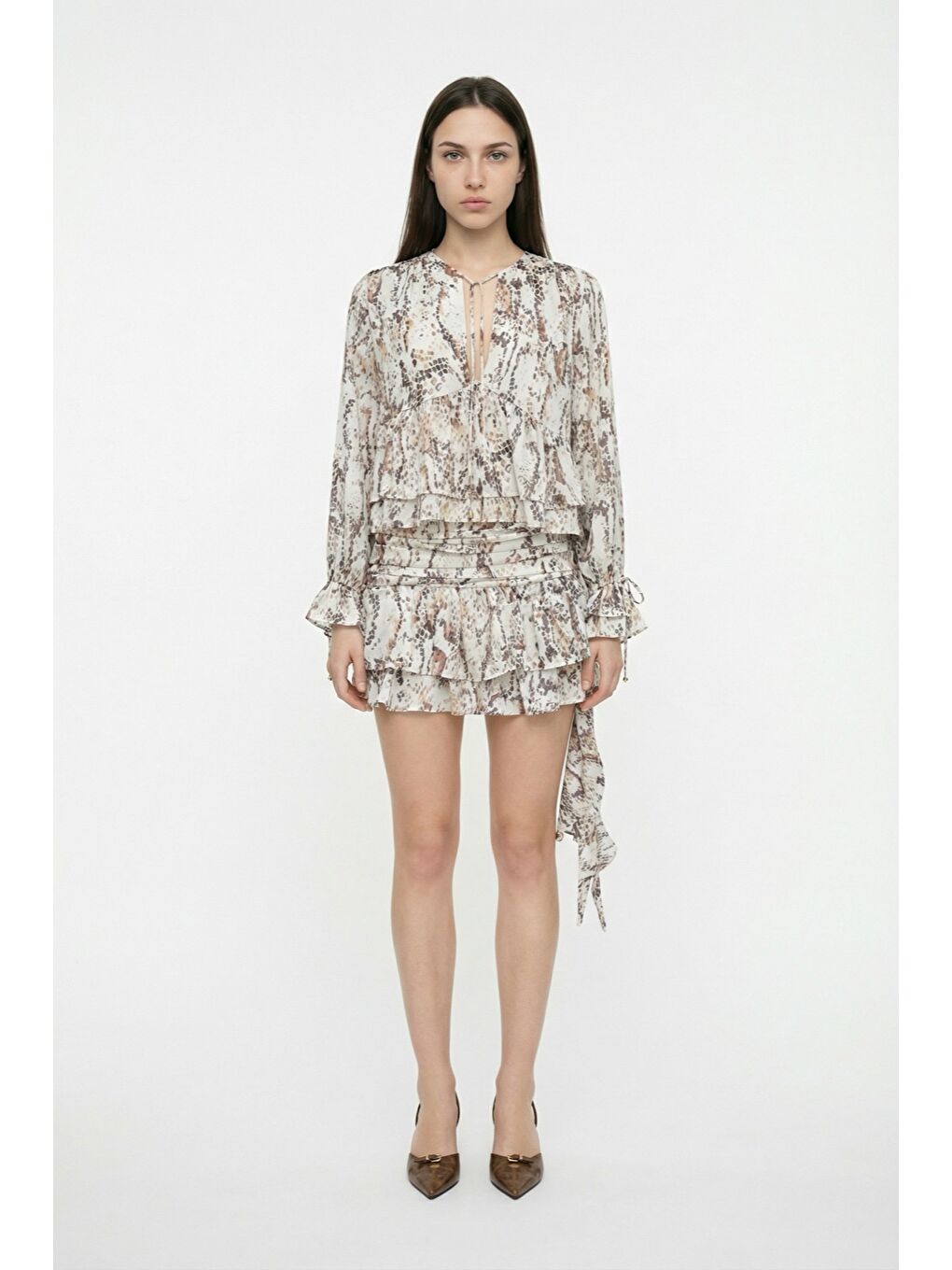 Desenli Fırfırlı Mini Etek Bej-2