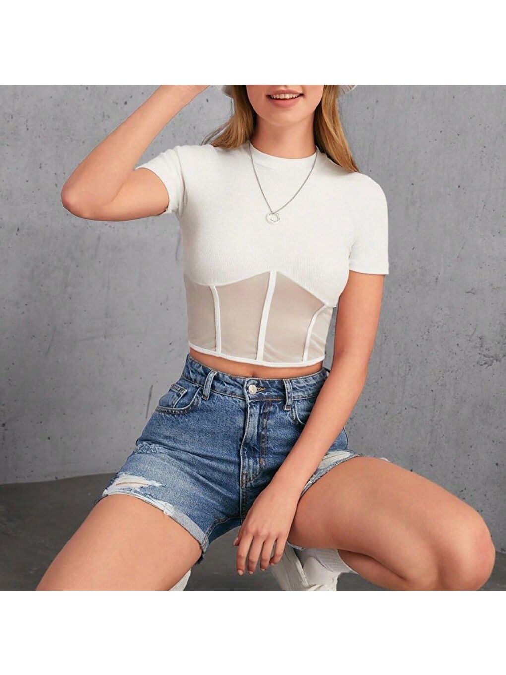 Beyaz Kadın Transparan Detay Kısa Kol Kaşkorse Bluz