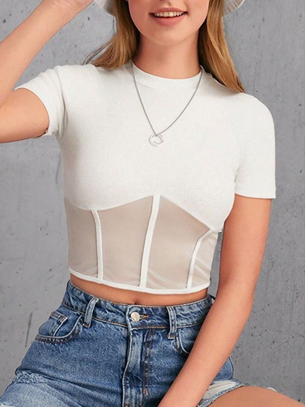 Beyaz Kadın Transparan Detay Kısa Kol Kaşkorse Bluz-1