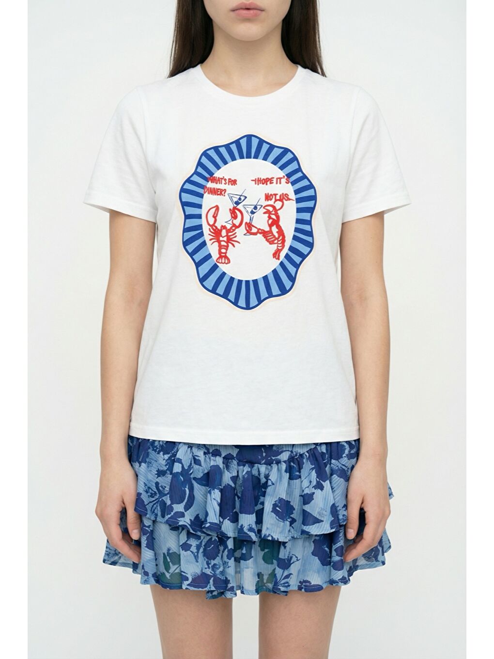 Istakoz Nakışlı Oversize Tişört Ekru-1