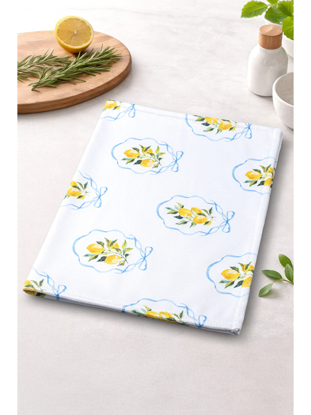 Beyaz LİMOR 2 Fiyonklu Limon Desenli Dekoratif Mutfak Havlusu & Kurulama Bezi Yumuşak Emici 35x55-1