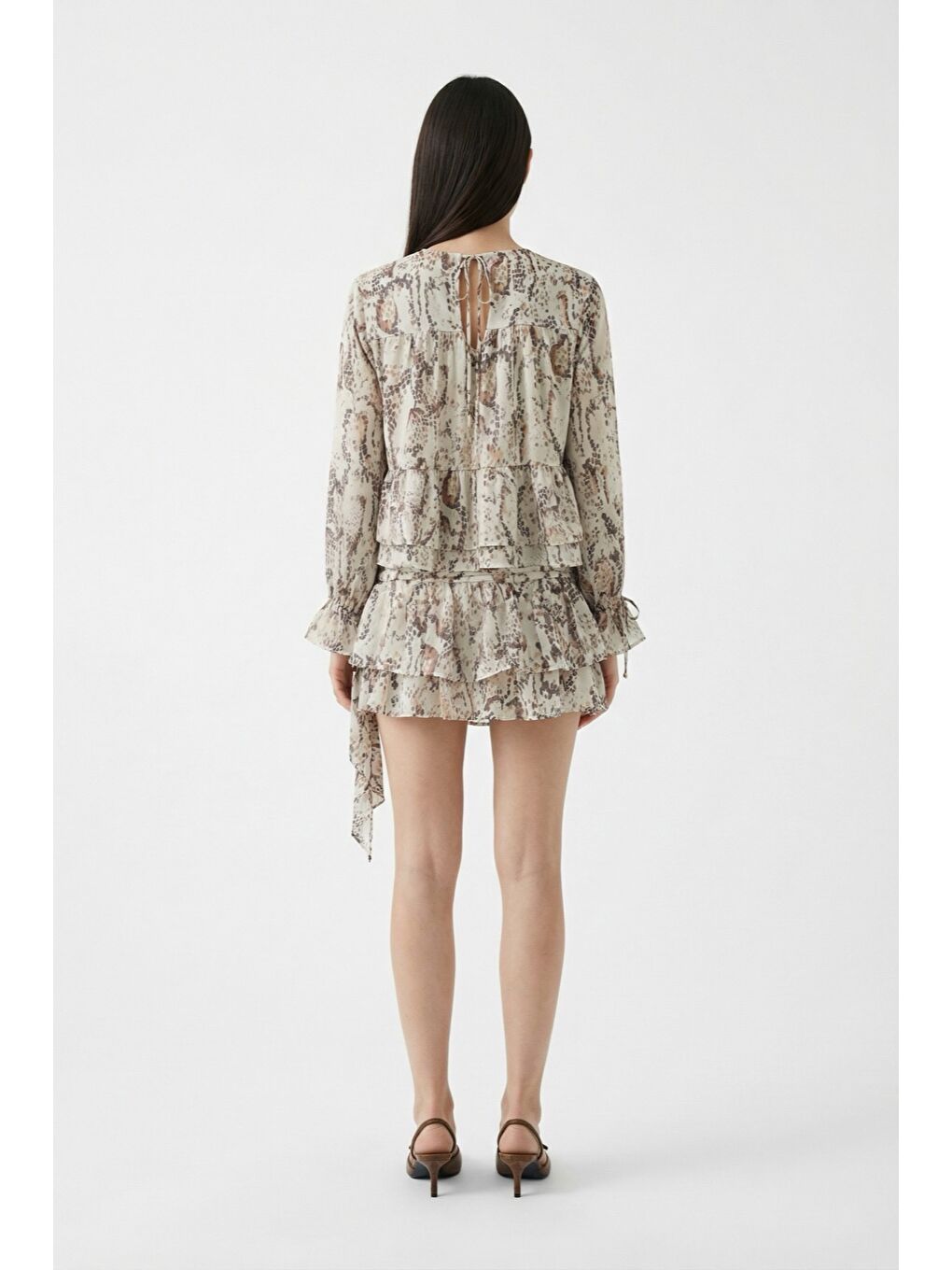 Desenli Fırfırlı Mini Etek Bej-4