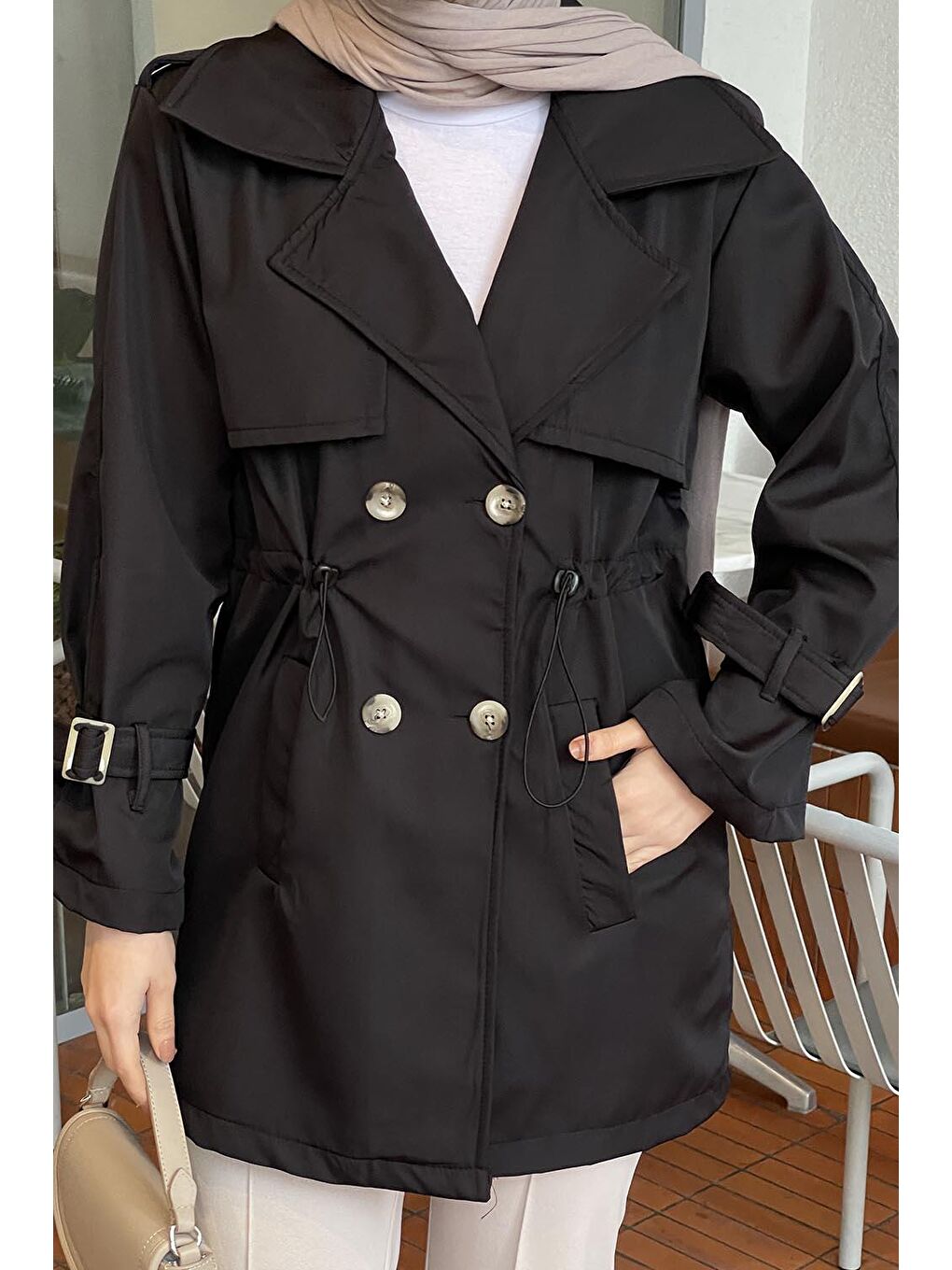 Bel Lastikli Trenç Siyah-2