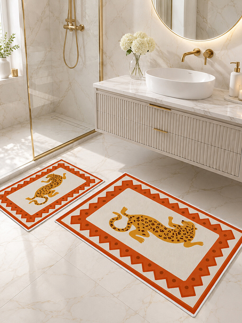 Bej Turuncu Etnik Kaplan Desenli Banyo Paspası Dot Taban Üstü Kadife-3