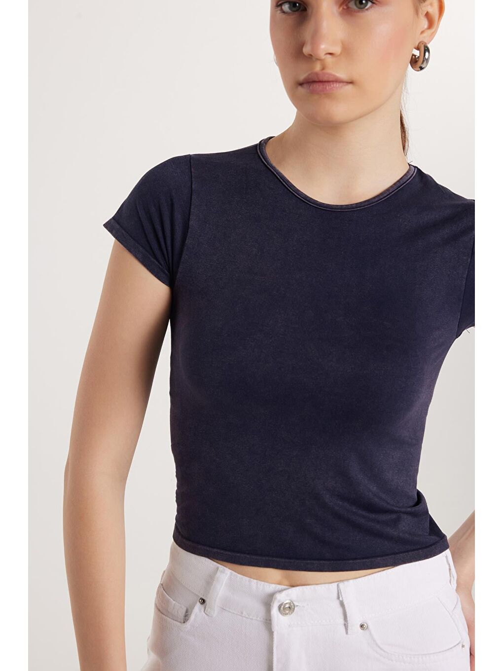 Kadın Slim Fit Dar Kesim Düz Basic Bisiklet Yaka Lacivert Tişört-2