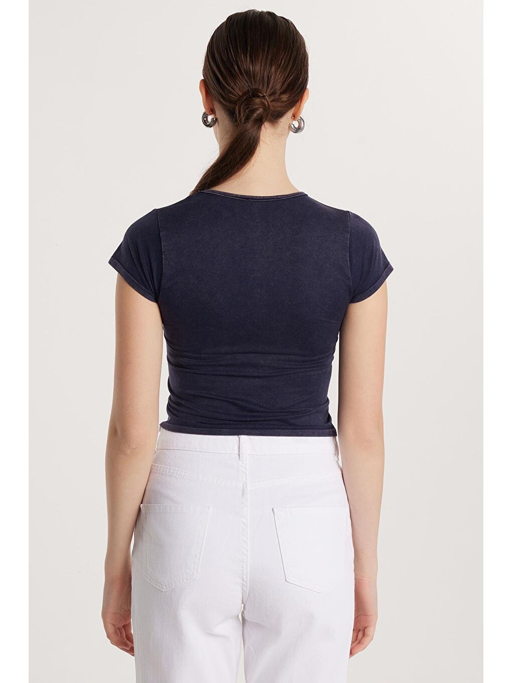 Kadın Slim Fit Dar Kesim Düz Basic Bisiklet Yaka Lacivert Tişört-4