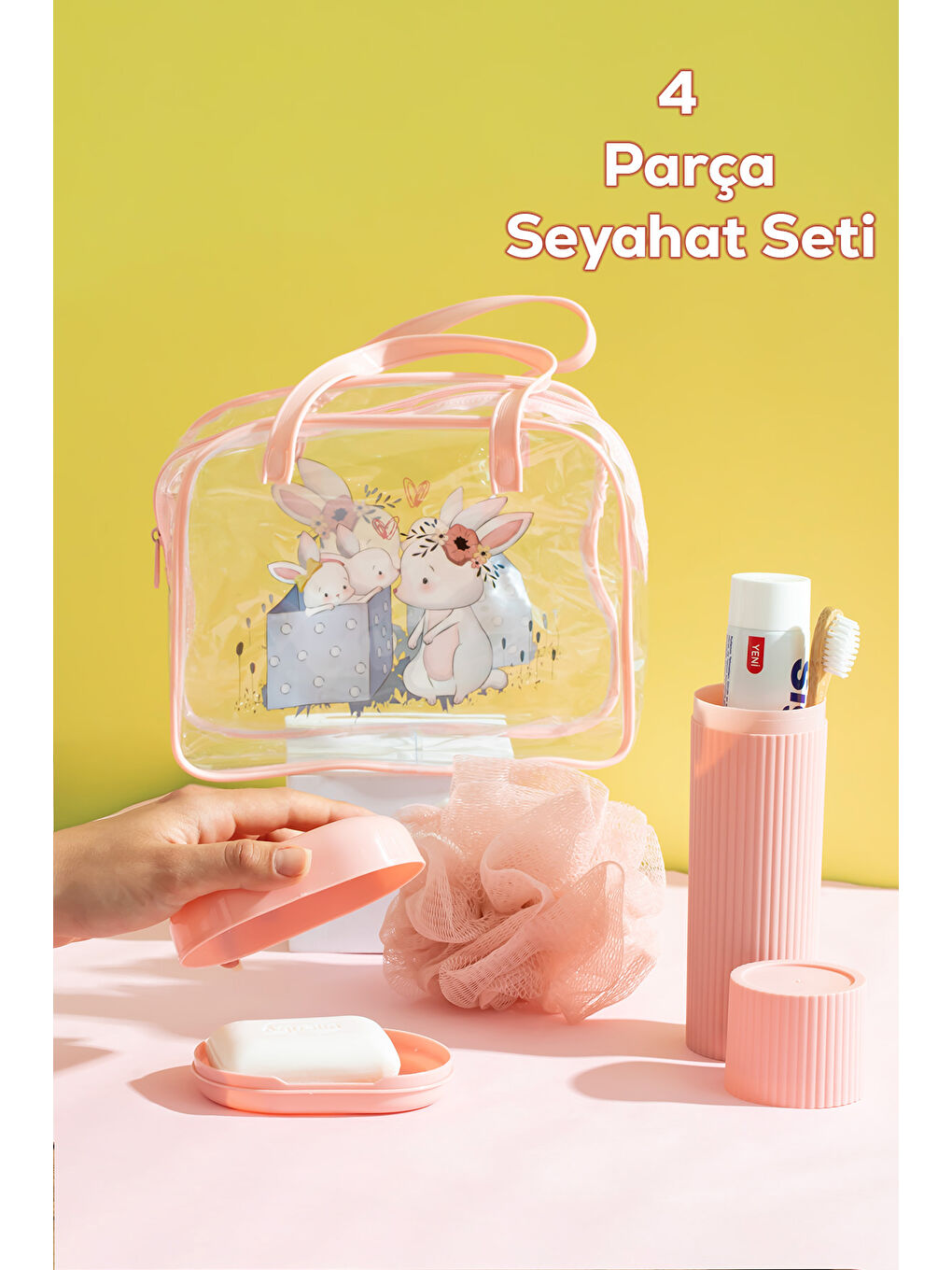 3143 Tavşan Figürlü Seyahat Seti - Diş Fırçası Kutusu Banyo Lifi Sabun Kutusu Pembe