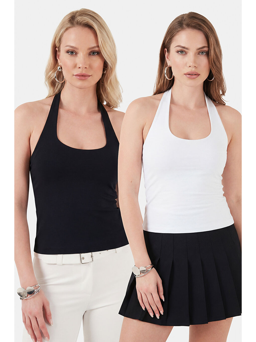 Siyah Slim Fit Halter Yaka Sırt Dekolteli İkili Paket Bluz 5866664-1