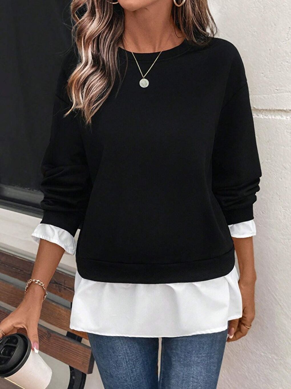 Siyah Kadın Uzun Kollu Bisiklet Yaka Viskon Iki Iplik Ve Etek Ucu Trikoton Bluz
