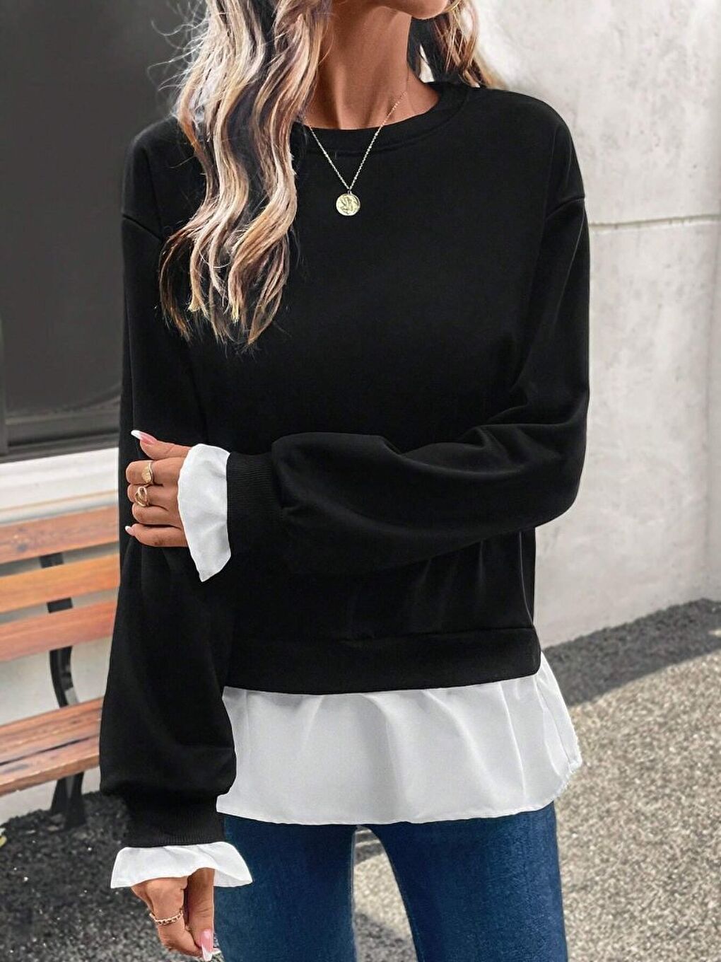Siyah Kadın Uzun Kollu Bisiklet Yaka Viskon Iki Iplik Ve Etek Ucu Trikoton Bluz-2