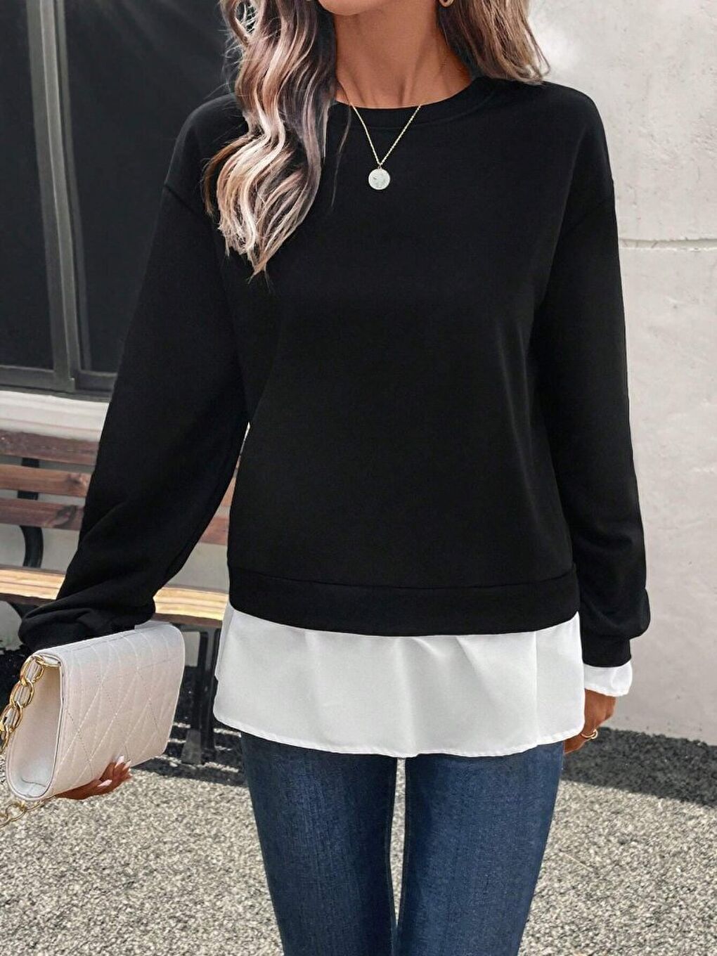 Siyah Kadın Uzun Kollu Bisiklet Yaka Viskon Iki Iplik Ve Etek Ucu Trikoton Bluz-3