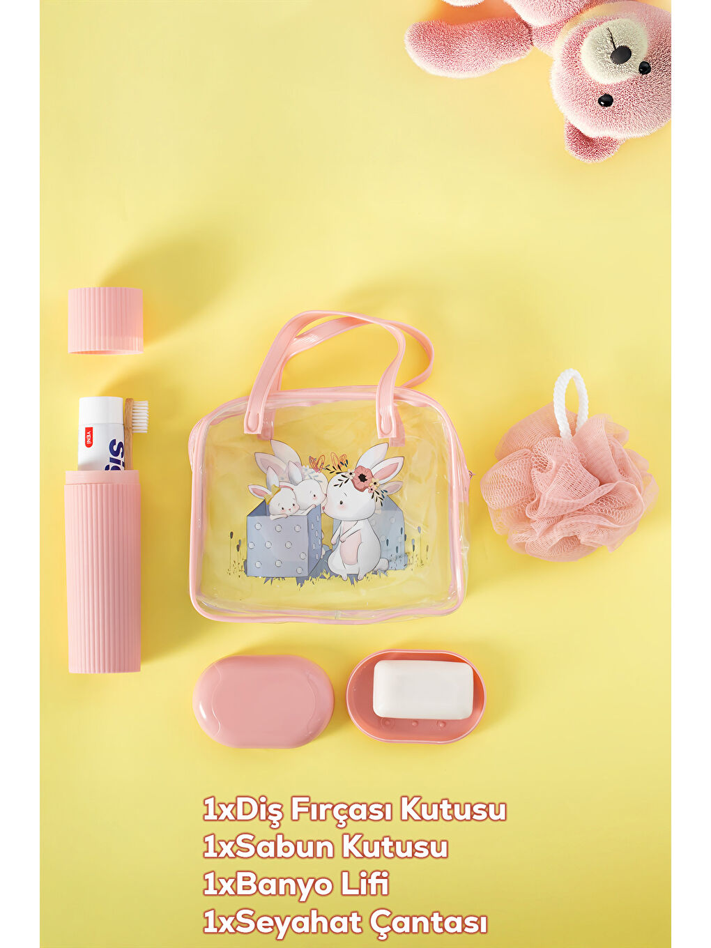 3143 Tavşan Figürlü Seyahat Seti - Diş Fırçası Kutusu Banyo Lifi Sabun Kutusu Pembe-1