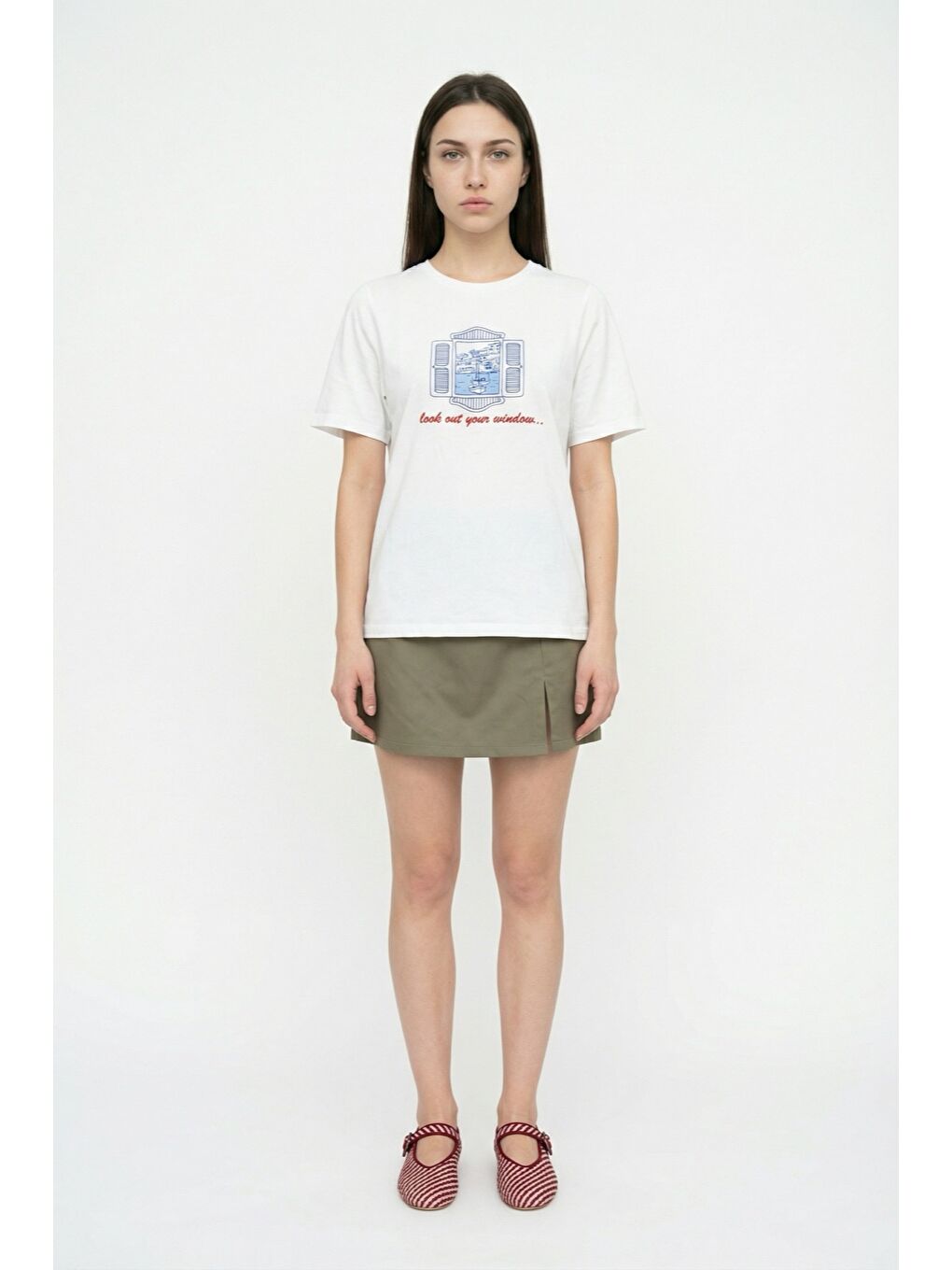 Sahil Temalı Sırtı Baskılı Oversize Tişört Ekru-0