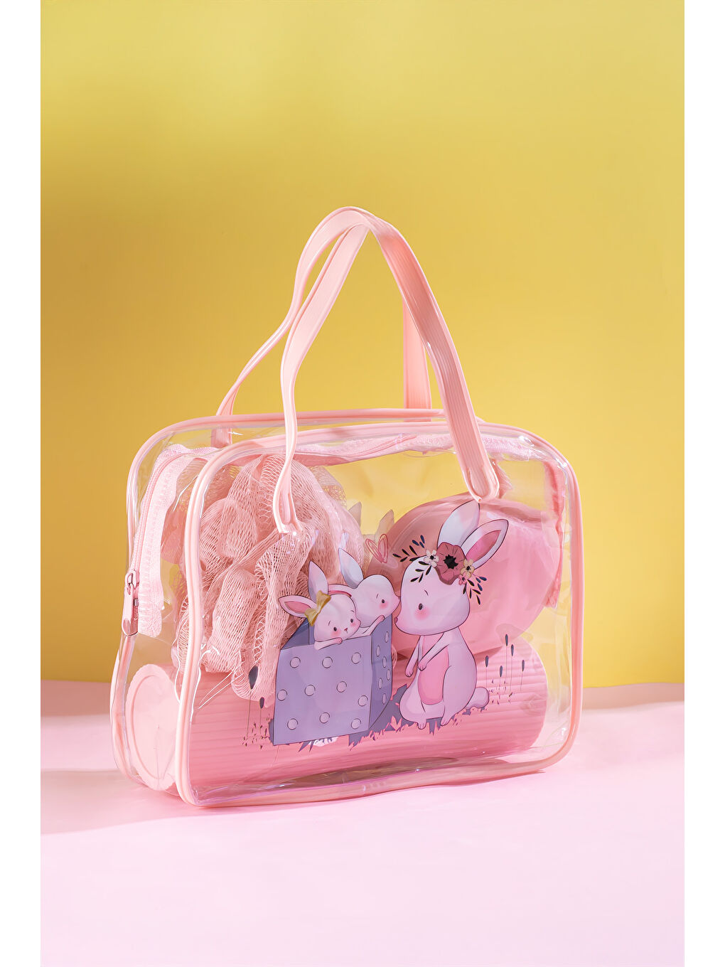 3143 Tavşan Figürlü Seyahat Seti - Diş Fırçası Kutusu Banyo Lifi Sabun Kutusu Pembe-2