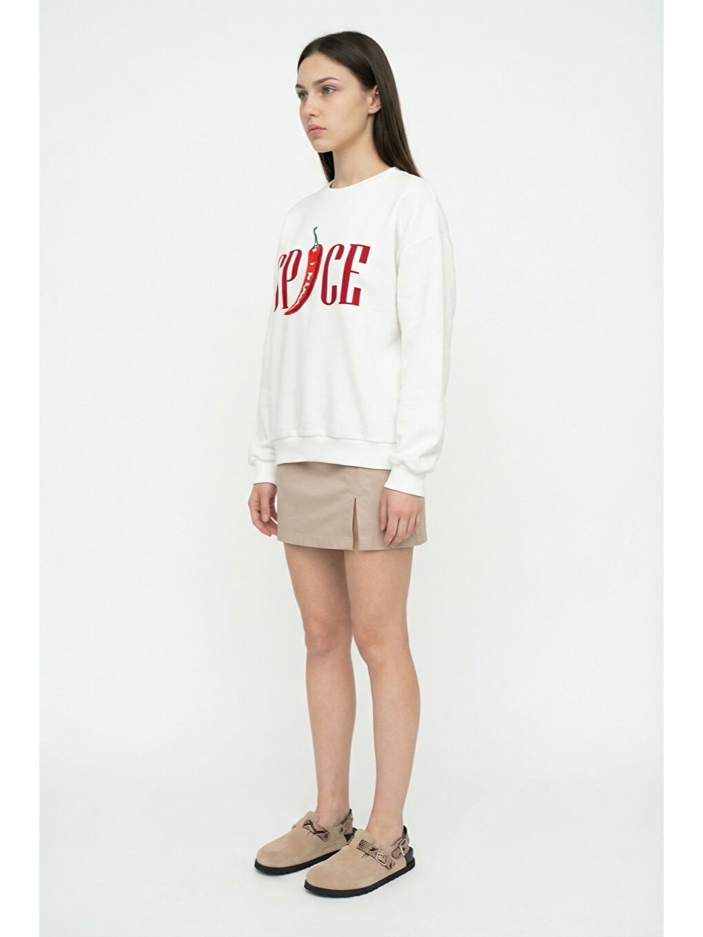 Spice Baskılı Oversize Sweatshirt Ekru