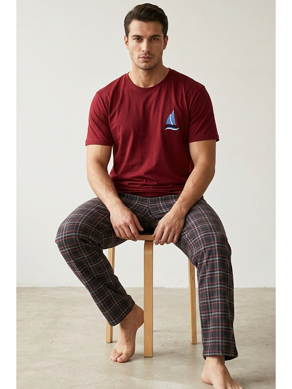 Bordo Örme Kısa Kollu Pijama Takım 8006