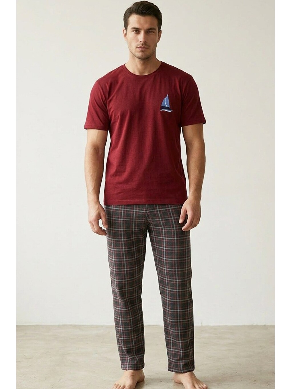Bordo Örme Kısa Kollu Pijama Takım 8006-1