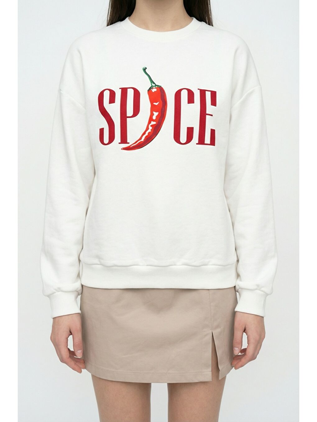Spice Baskılı Oversize Sweatshirt Ekru-1