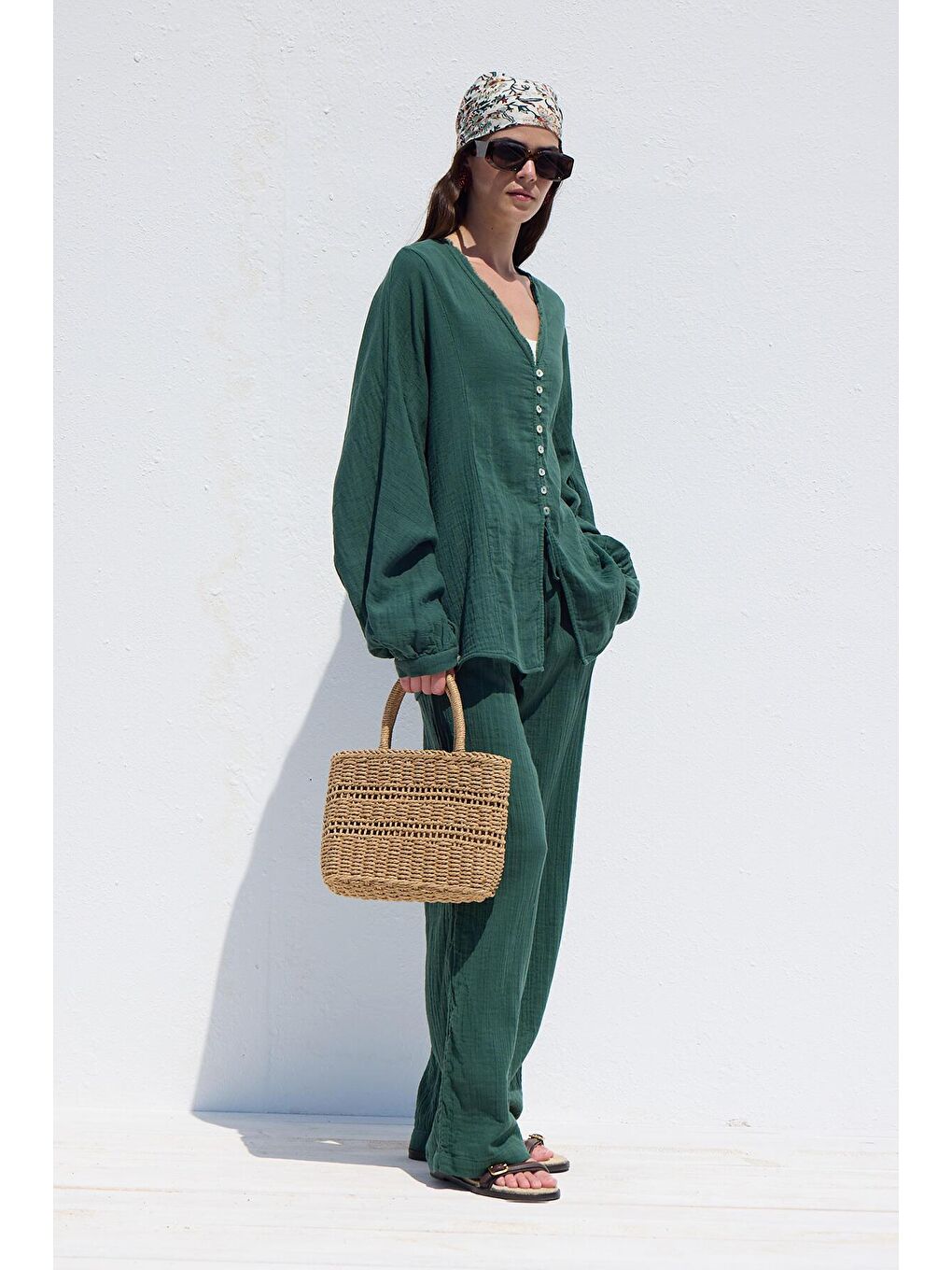 Yeşil Muslin Düğmeli Gömlek Zümrüt-1