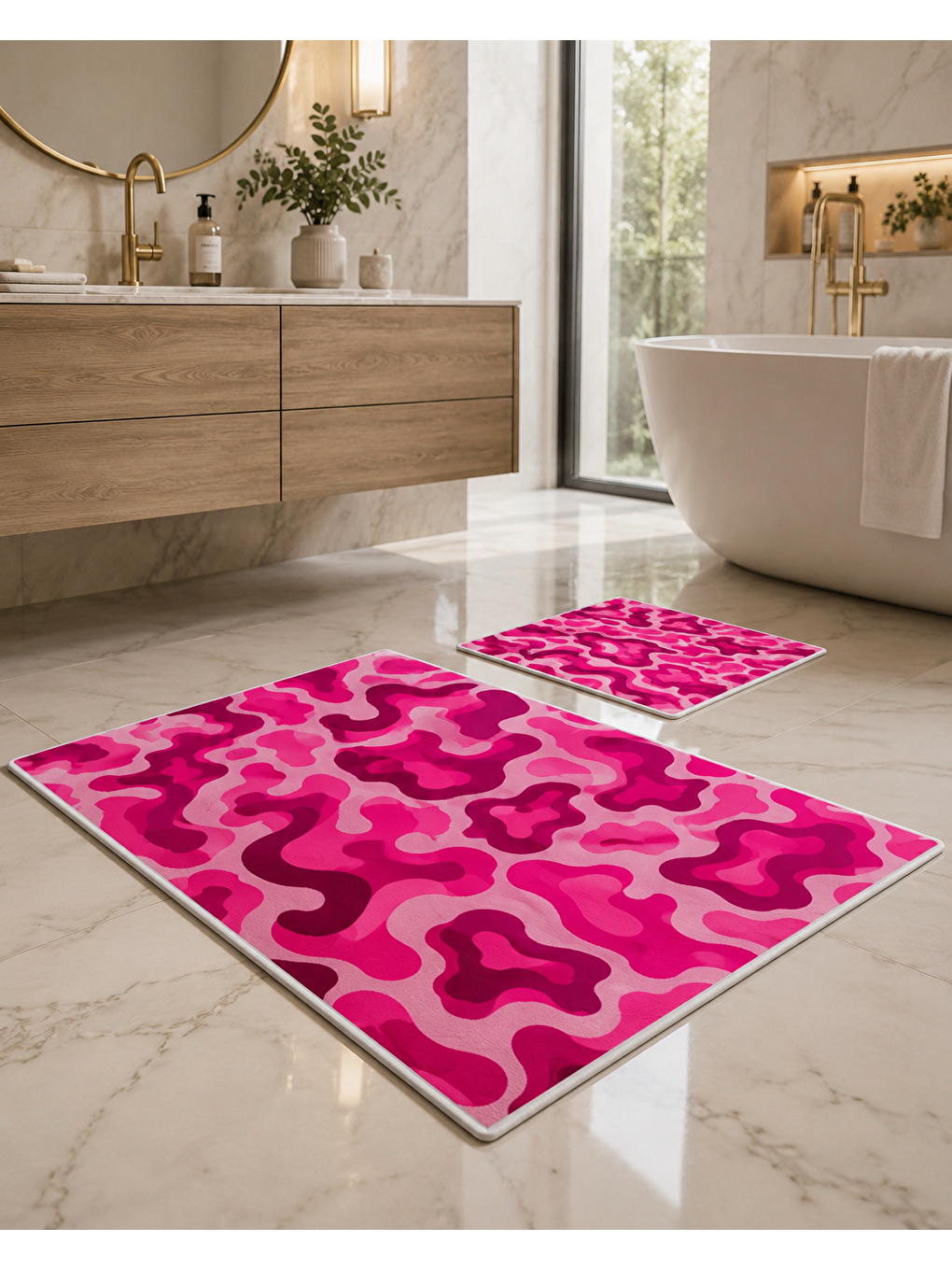 Fuşya Pembe Soyut Dalga Desenli Banyo Paspası Dot Taban Üstü Kadife-1