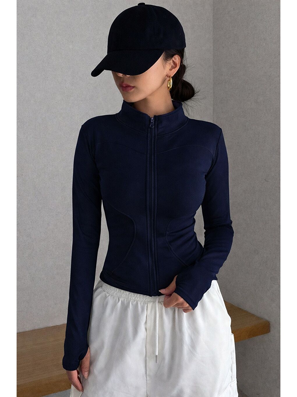 Lacivert Kadın Bej İki İplik Fermuarlı Dar Kesim Mevsimlik Hırka – Dik Yaka Fit Basic Ceket