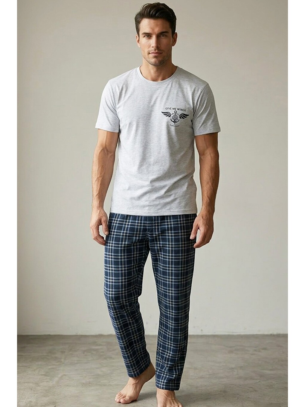 Gri Örme Kısa Kollu Pijama Takım 8006-1