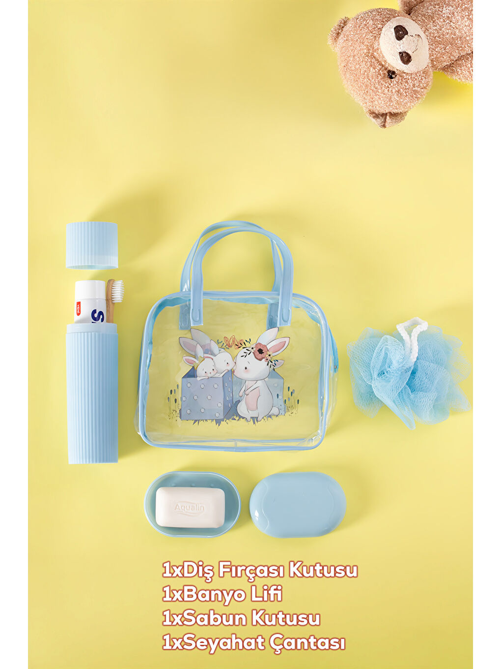 3144 Tavşan Figürlü Seyahat Seti - Diş Fırçası Kutusu Banyo Lifi Sabun Kutusu Mavi-1