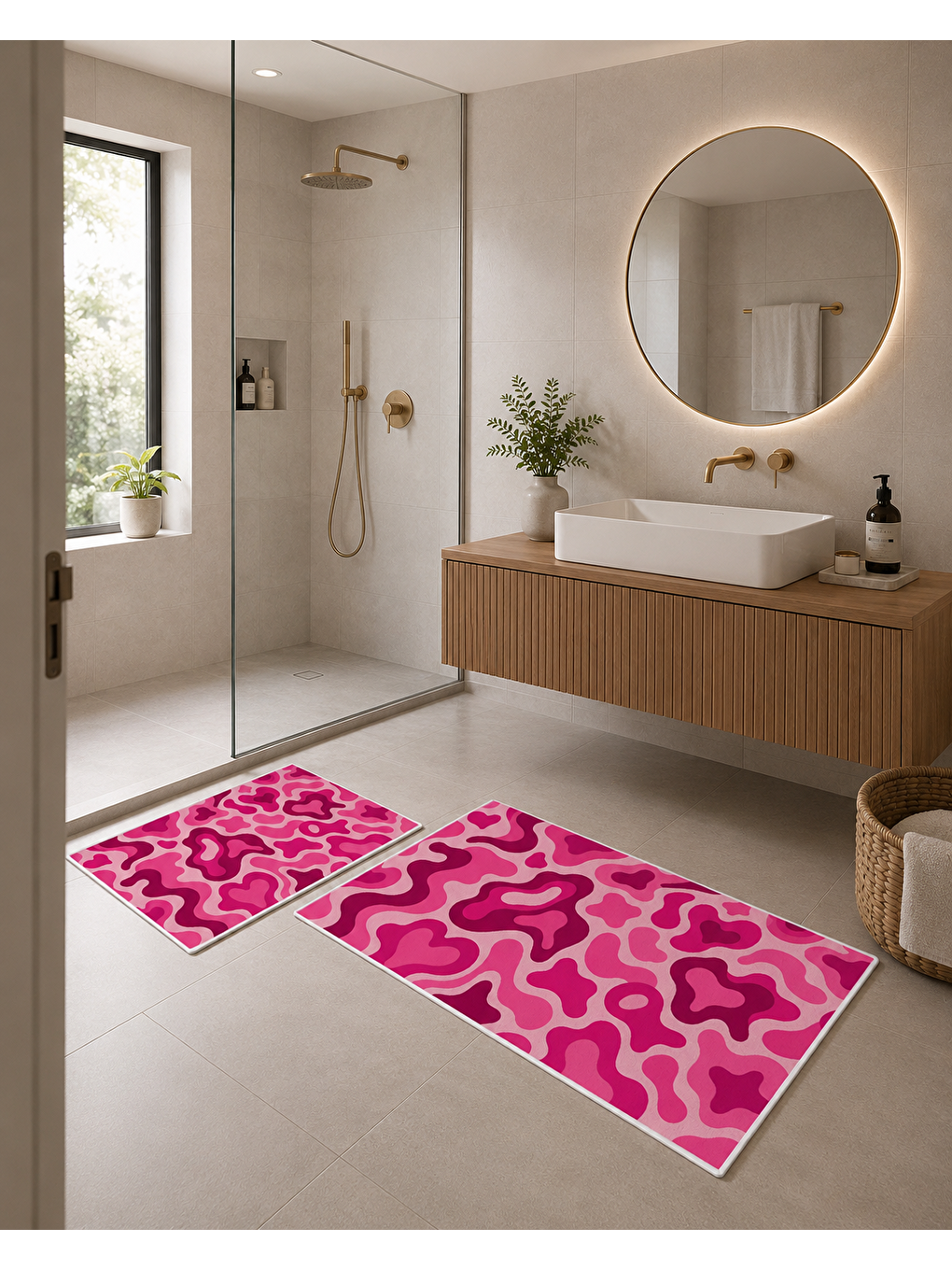 Fuşya Pembe Soyut Dalga Desenli Banyo Paspası Dot Taban Üstü Kadife-2