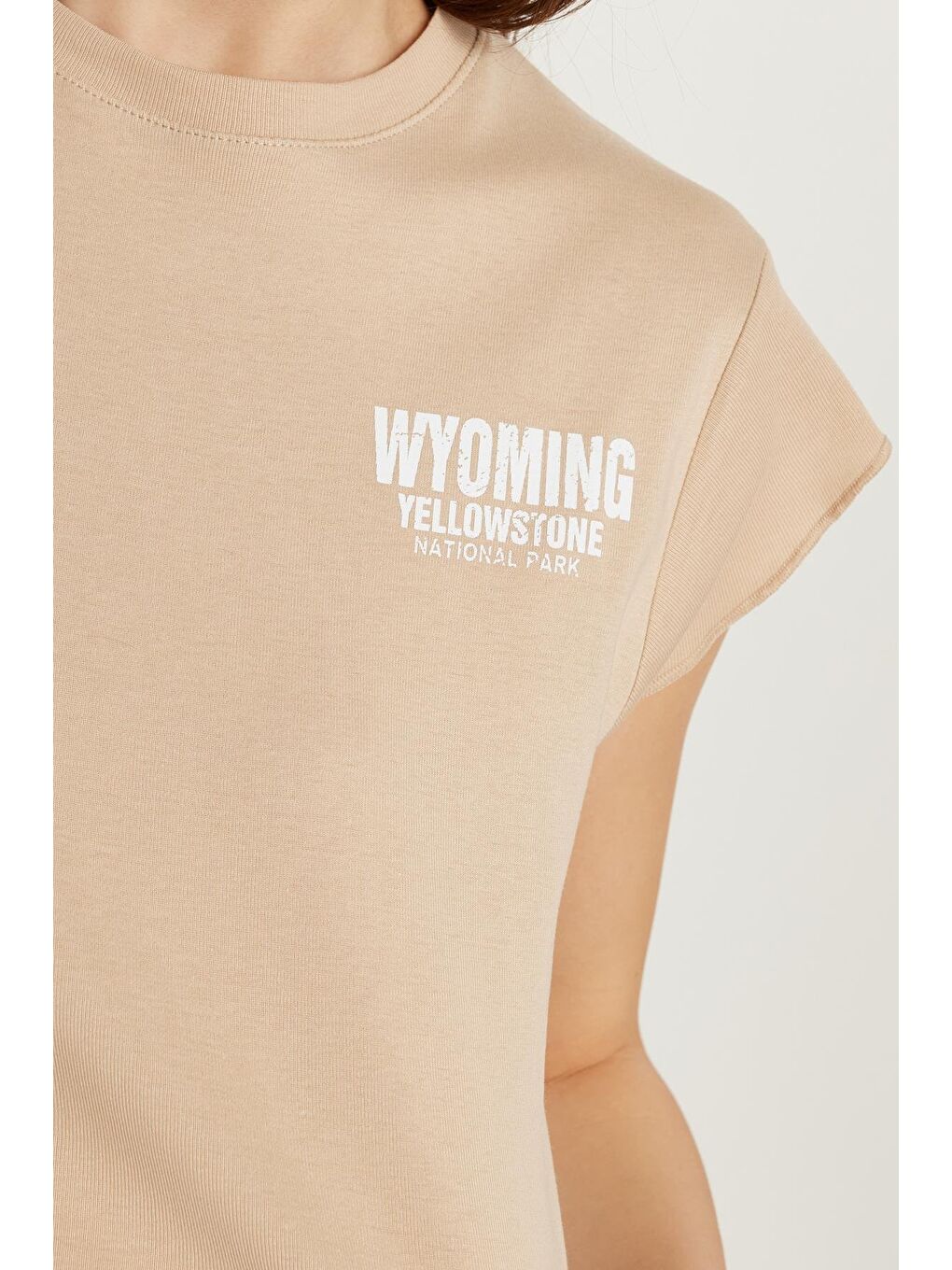 Kadın Slim Fit Ribanalı Baskılı %100 Pamuk Bisiklet Yaka Bej Tişört-1