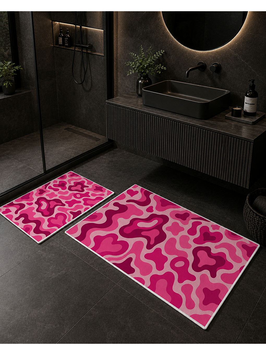 Fuşya Pembe Soyut Dalga Desenli Banyo Paspası Dot Taban Üstü Kadife-3
