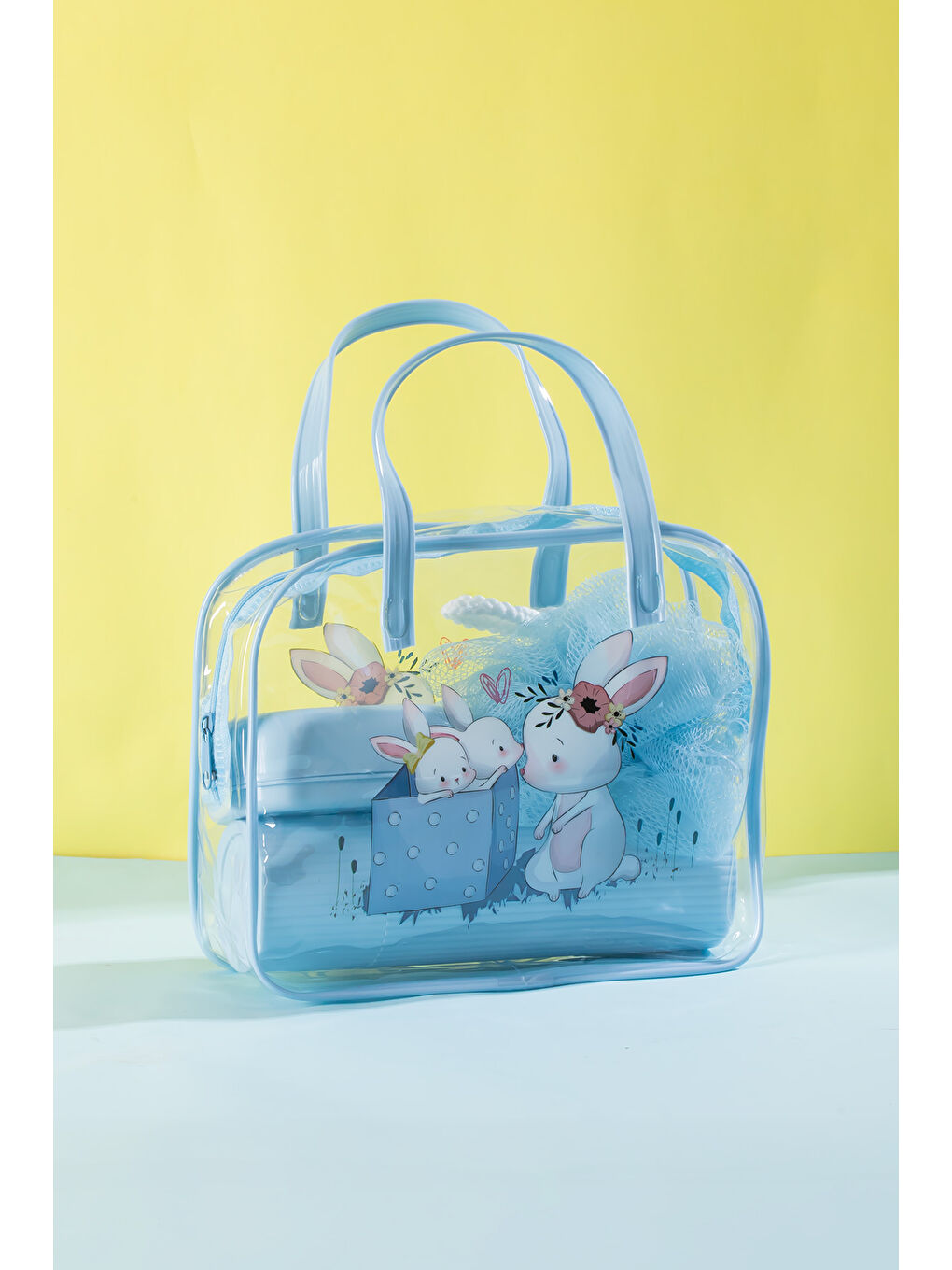 3144 Tavşan Figürlü Seyahat Seti - Diş Fırçası Kutusu Banyo Lifi Sabun Kutusu Mavi-2