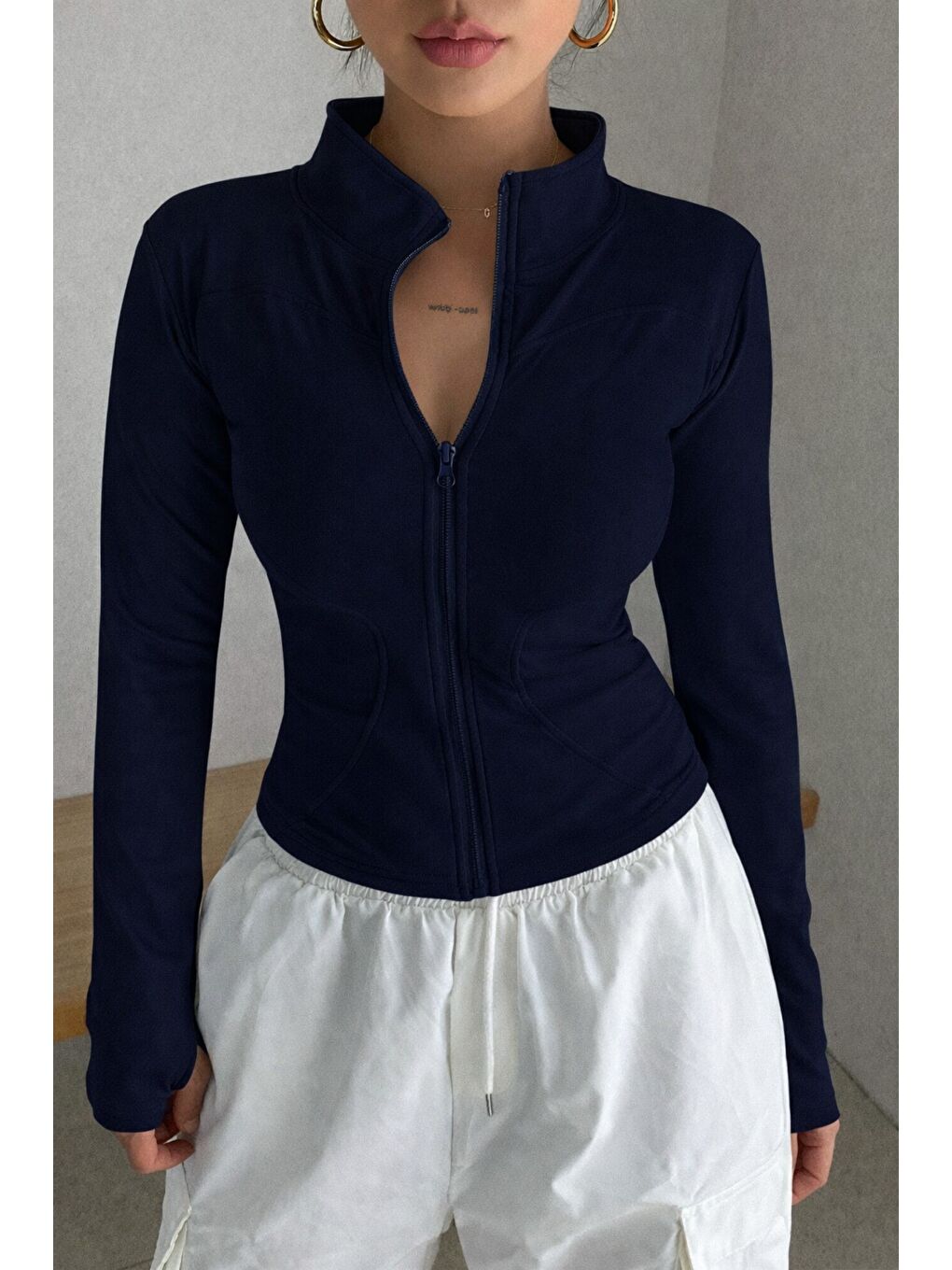 Lacivert Kadın Bej İki İplik Fermuarlı Dar Kesim Mevsimlik Hırka – Dik Yaka Fit Basic Ceket-1