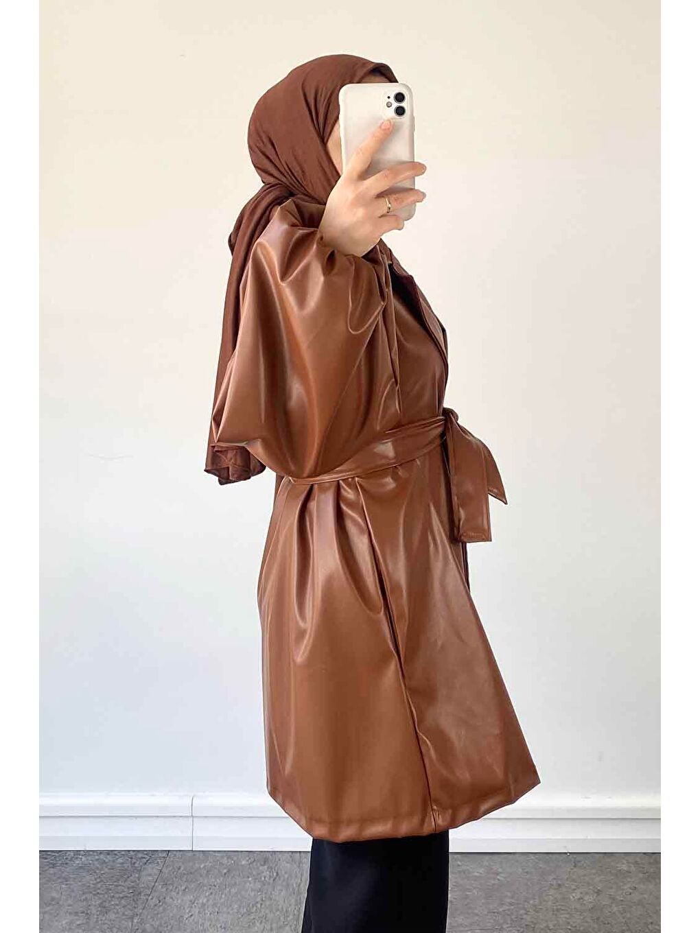 Kahverengi Kruvaze Yaka Deri Trenç Çikolata Kahve-2