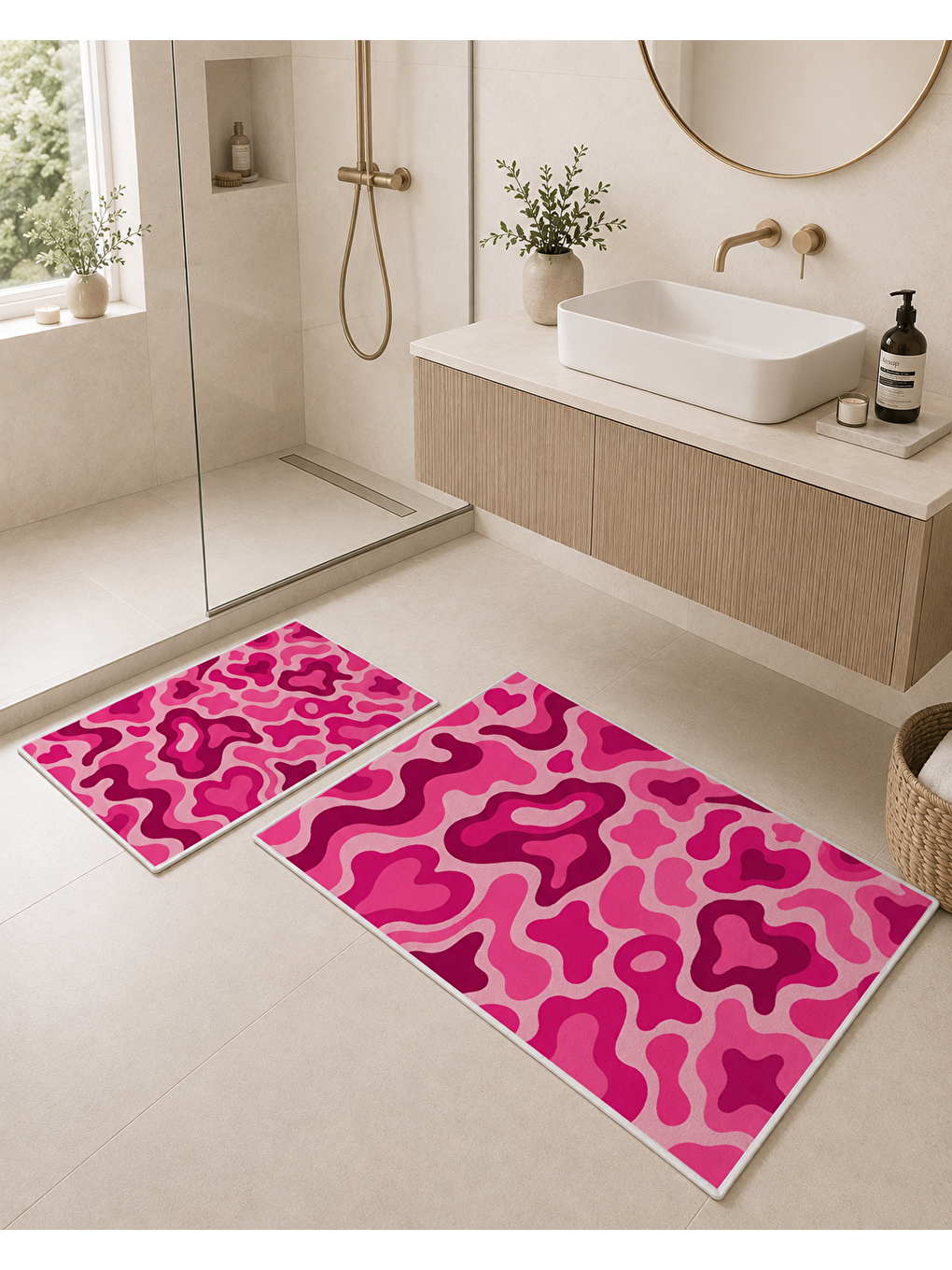 Fuşya Pembe Soyut Dalga Desenli Banyo Paspası Dot Taban Üstü Kadife-4