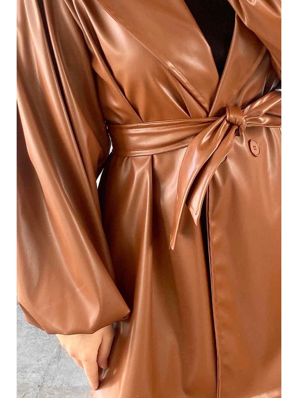 Kahverengi Kruvaze Yaka Deri Trenç Çikolata Kahve-3