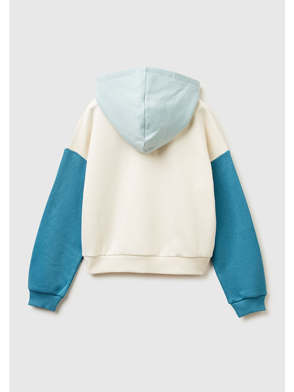 Kız Çocuk Ekru-Mavi Payet İşlemeli Nervürlü Regular Fit Kapüşonlu Sweatshirt-1