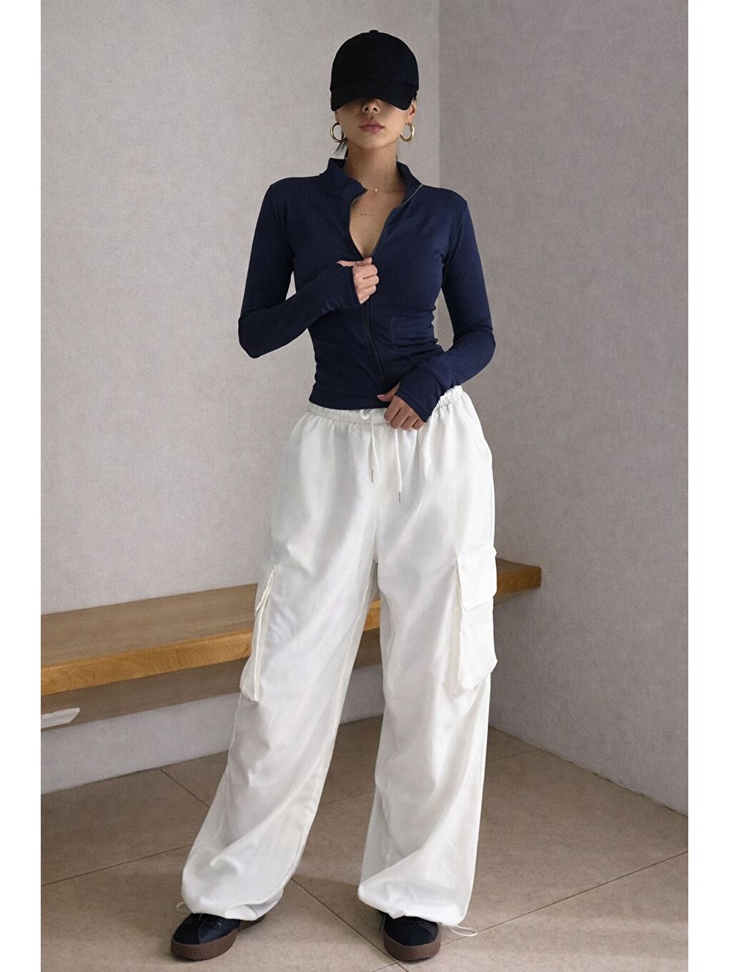 Lacivert Kadın Bej İki İplik Fermuarlı Dar Kesim Mevsimlik Hırka – Dik Yaka Fit Basic Ceket-2