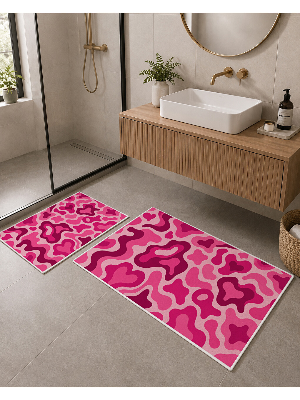Fuşya Pembe Soyut Dalga Desenli Banyo Paspası Dot Taban Üstü Kadife-5